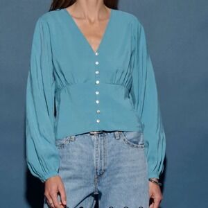 NATION LTD LOS ANGELES Lyla Adriatic Sea Teal Blue Long Sleeve Blouse Top M New